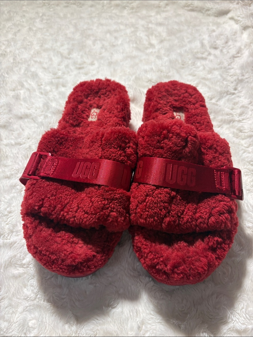 UGG Red Fluff Cozy Slide Sandals with Branded Strap